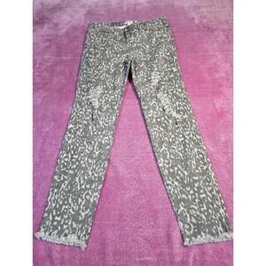 EASEL Distressed Leopard Print Skinny Jeans with Frayed Hem size large